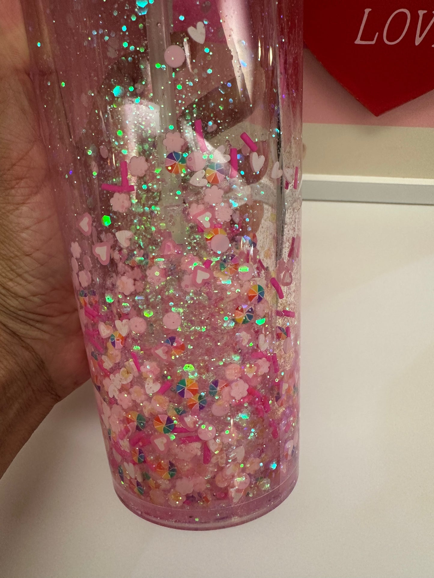 Drip Tumbler / Pink Snow Globe Tumbler / Bling Tumbler/ glitter with hearts