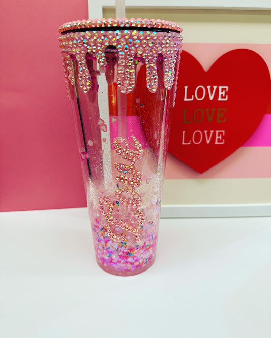 Drip Tumbler / Pink Snow Globe Tumbler / Bling Tumbler/ glitter with hearts